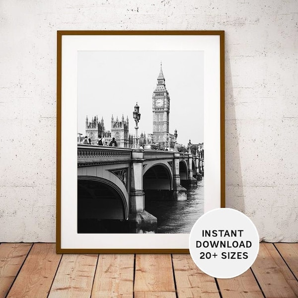 LONDRES Reino Unido, Big Ben, Palacio de Westminster, Imprimible, Descarga instantánea, Fotografía de viajes, Fotografía en blanco negro, Arte de Gran Bretaña
