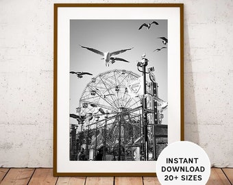 Coney Island Wonder Wheel Photo, Brooklyn Black and White Print (Instant Download)