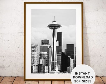 SEATTLE Space Needle Washington United States, USA Photography, City Architecture Printable, Instant Download, Black White Photography Decor