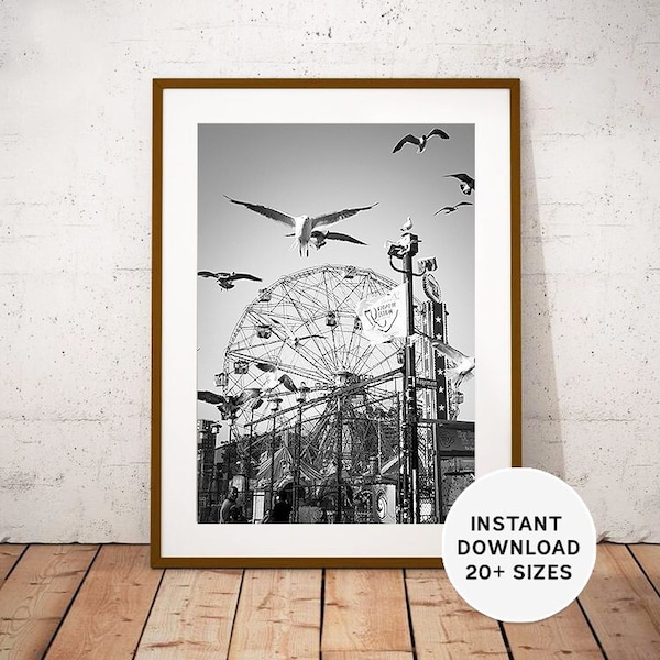 Coney Island, Brooklyn, New York, USA, Luna Park, Printables, Instant Download, Photo, Black White, Home decor, Wonder Wheel, Instant Print