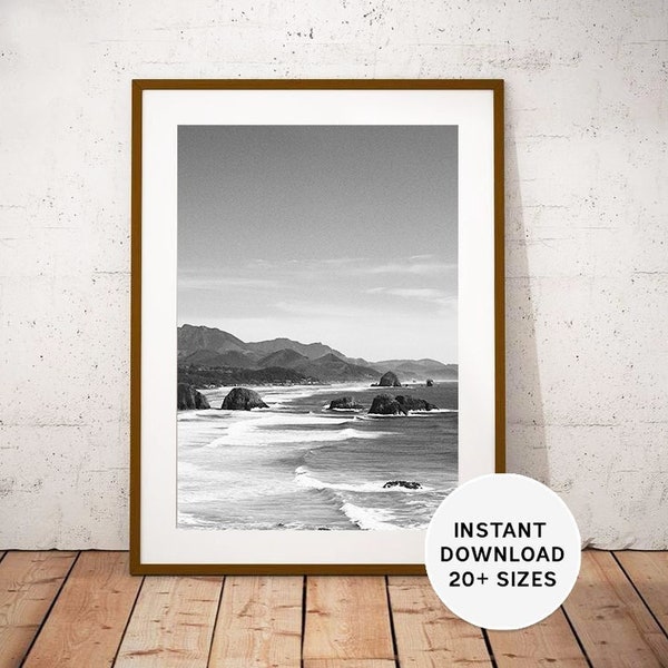 CANNON BEACH, OREGON, United States, Portland, Haystack Rock, Instant Download, Printable Photography, Black White Photo, Gift Idea, Decor