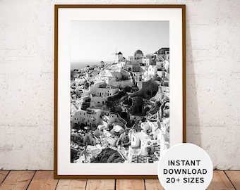 SANTORINI Greece, Printables, Instant Download, European Travel Photography, Black White, Greek Art Print, Cyclades islands, Home Decor Gift