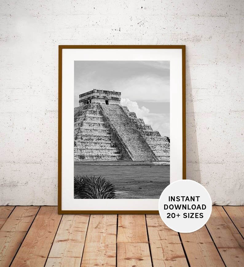 CHICHEN ITZA Mexico, Printables, Instant Download, Travel Photography, Black, White, Seven Wonders of the World, Tinum Yucatan Mayan Art image 1