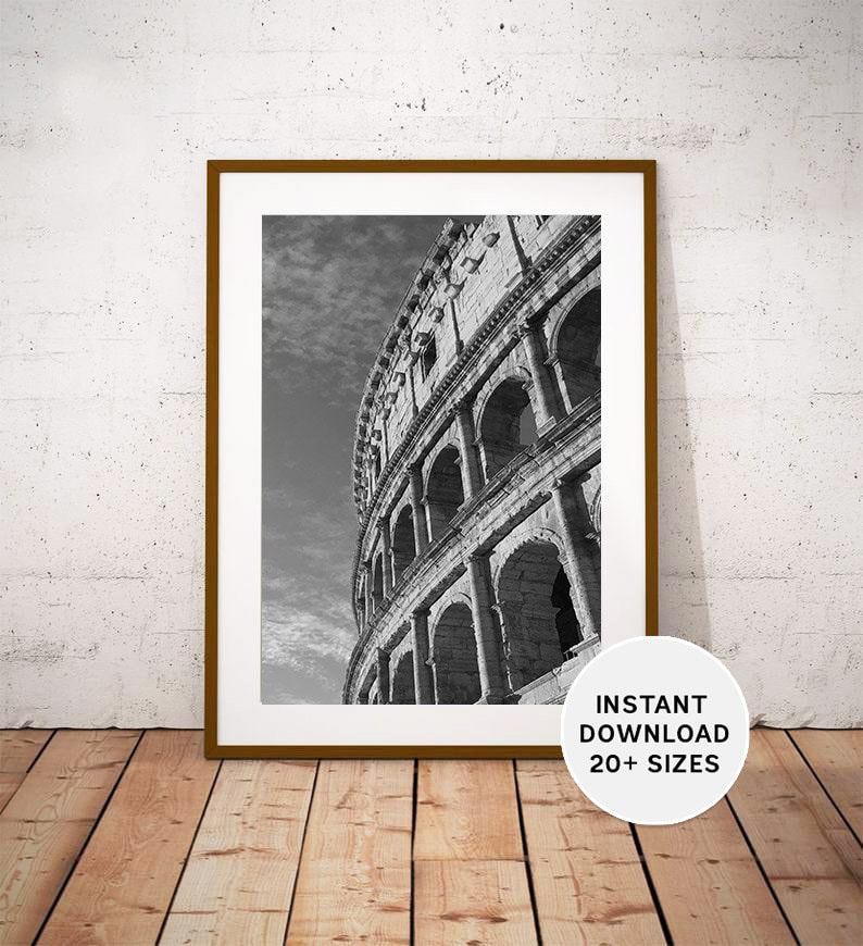 COLOSSEUM Rome Italy, Coliseum Printables, Instant Download, Travel Photography, Black White, Seven Wonders of the World, Italian Art Print