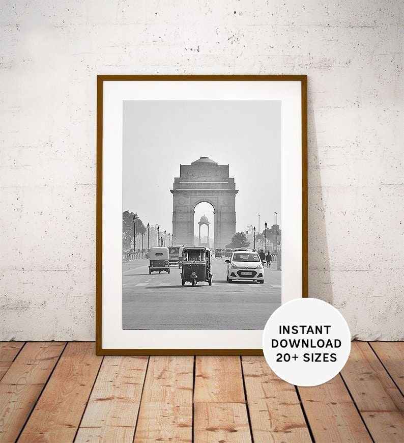 India Gate, New Delhi Black & White Travel Photo (Instant Download)