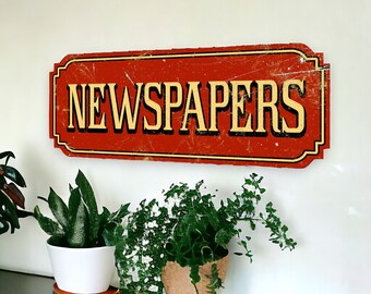 22" Newspapers Red Rustic Vintage Style Wooden Sign Plaque Large | Gift New home | Vintage Rustic Style