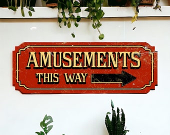 22" Amusements Red Rustic Vintage Style Wooden Sign Plaque Large | Gift New home | Vintage Rustic Style