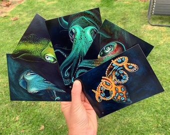 Postcard Set, 9 colourful squid and octopus a6 postcards