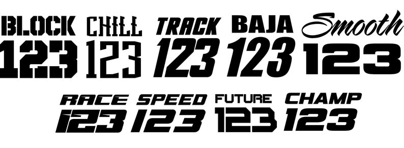K&ouml;nnte beinhalten: Schwarzwei&szlig;es Grafikdesign mit den W&ouml;rtern "BLOCK", "CHILL", "TRACK", "BAJA" und "Smooth" mit der Zahl "123" unter jedem Wort. Die W&ouml;rter "RACE", "SPEED", "FUTURE" und "CHAMP" sind ebenfalls vorhanden, mit der Zahl "123" unter jedem Wort.