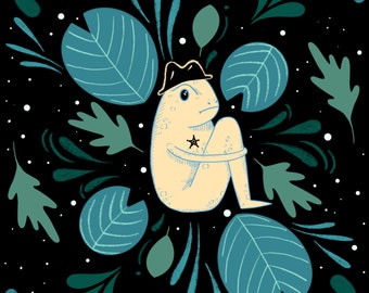 May include: A light blue frog wearing a blue hat sits in a lotus position on a black background with green and blue floral designs. The frog has a star on its chest.
