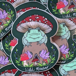 ORIGINAL KUNSTSTICKER PilzMütze Kröte. Kristalle. Schädel. Cottagecore Frosch wetterfest Vinyl