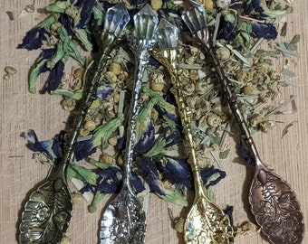 ORNATE TEA SPOONS metal spoons decorative food safe heat safe ritual herb spoon