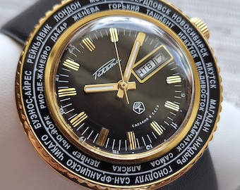 Reloj de pulsera Raketa Cities City Goroda calibre 2628 negro, vintage de la URSS con hora mundial, reloj retro negro Raketa con hora mundial.