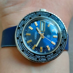Raketa CITIES, Raketa World time, blue watch, Time Zone watch, mens watch, raketa watch, pilot watch,