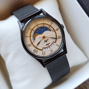 NEUE Quarzuhr LUCH Echter Mondphasenkalender, Mondphasenuhr, sowjetische Uhr, schwarze Uhr, Mondphasenkalender, Monduhr,