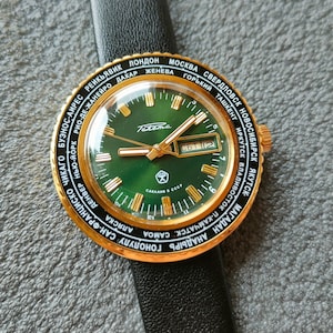 Raketa CITIES World time, rzadki zielony zegarek, zegarek Time Zone, zegarek męski, zegarek Raketa, zegarek pilota,