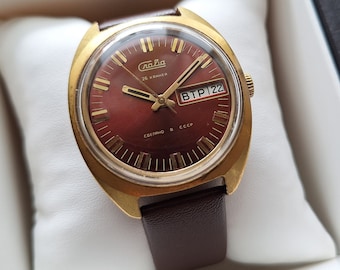 Reloj soviético SLAVA, esfera rara, reloj mecánico, indicador de fecha y día, reloj marrón