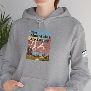 Mountain Vibes Hoodie Sweatshirt and TShirt, Hiking Camping Skiing Gift, Rocky Mountains Sleeve Detail, Outdoorsy Nature Lover