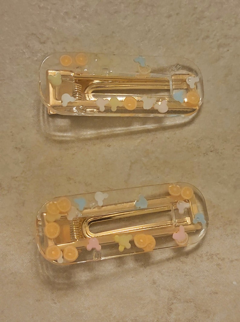 May include: Two clear plastic hair clips with gold metal clasps. The clips are decorated with small, colourful, confetti-like shapes.