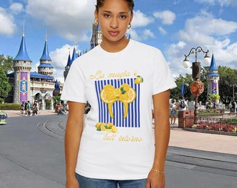 Magical Lemons Blue and White Trendy Summery Theme Park T-shirt, Unisex Tee, Lemon Print Shirt, Magical Fruit Theme Park Shirt