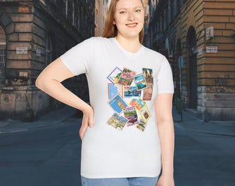 Travel the Globe Unisex Softstyle T-Shirt, World Stamps Wanderlust Tee, Traveler Gift Shirt, Adventure Travel Top, Wanderer Apparel