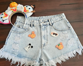 Magical ghost and pumpkin Halloween Hem Denim Shorts