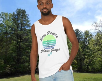 May include: White tank top with a green, blue, and white sunset graphic and the text "Less People More Dogs" in a retro font. A small silhouette of a dog is in the center of the graphic.