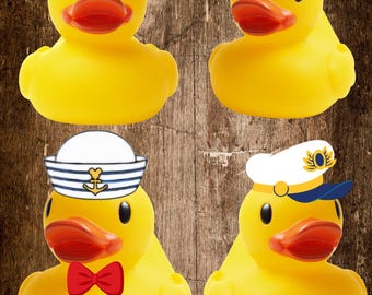 May include: Four yellow rubber duckies with different hats. One duck has a blue and white sailor hat with an anchor, another has a red and white polka dot bow, and two have blue and gold captain's hats.