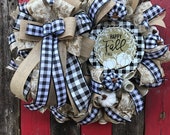 Farmhouse fall wreath, Fall wreath, Country style fall wreath,Fall decor, Farmhouse fall decor, Buffalo plaid wreath, Front door wreath,