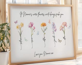 Birth Flower Print for Nan, Nanny, Grandma Gift for Mothers Day, Birthday Gift, Personalised Family Wall Art, Custom Names, Christmas Gifts