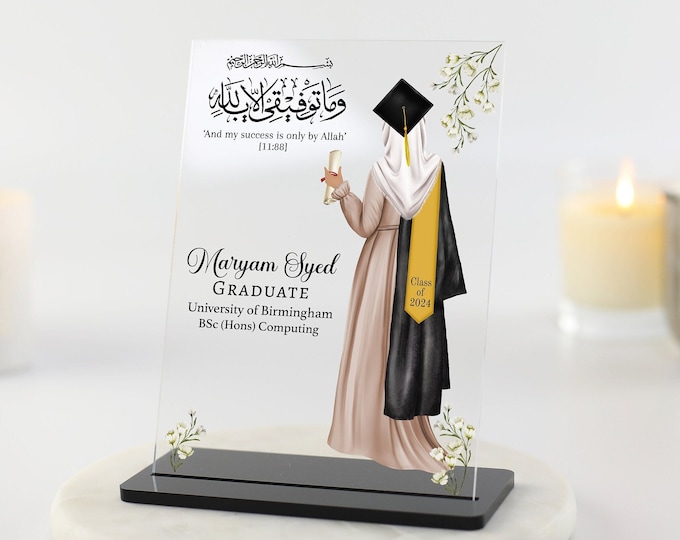 Muslim Female Graduation Gift, Personalised Graduation Gift for Her, Islamic Gift for Her, Class of Any YEAR Floral Clear Acrylic Plaque