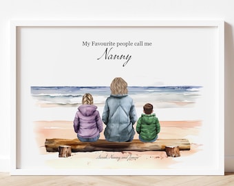 Personalised Nanny and Grandchildren Portrait Wall Art, Christmas Gift, Mothers Day, Birthday Gift for Mum, Beach Watercolour Art