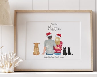 Custom Portrait Christmas Couple and Pet, First Christmas, Boyfriend/Girlfriend Gift Print, First Home Print, Home Decor, Customisable