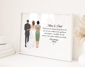 May include: A wedding illustration with a bride and groom standing next to each other. The bride is wearing a white dress and the groom is wearing a black suit. The bride's mother is standing behind them wearing a green dress. The illustration is accompanied by a message that reads "Mum & Dad Thank you for always being there for me, for your endless love, guidance and support. I wouldn't be the person I am today without you both. Love always. Maria"