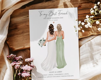 Geschenk für die beste Freundin am Hochzeitstag, personalisierte Braut und Brautjungfer Hochzeitsdruck, Mitte der Ehre, Braut als Andenken, Brautparty