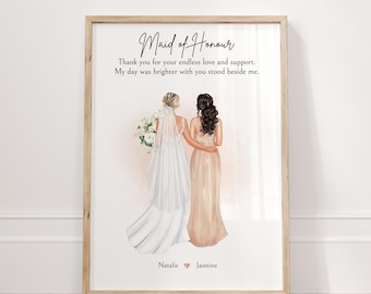 Personalised Maid of Honour Print | Bride & Bridesmaid Custom Portrait | Wedding Day Gift | Thank You Keepsake | Bridal Party Digital Art