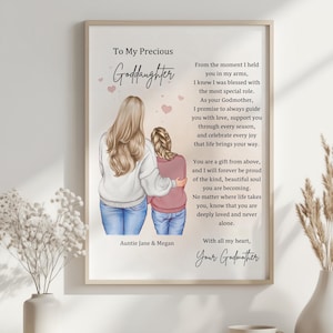 May include: Framed print with the text "To My Precious Goddaughter" and a heartfelt message. The artwork features an illustration of a woman and a girl embracing, with hearts scattered around the text. The print is in a light wooden frame.