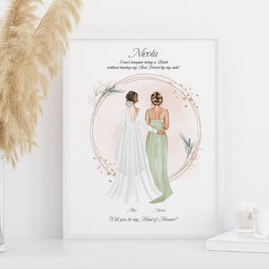 Regalo personalizado de dama de honor, propuesta de dama de honor, regalo de mejor amigo, regalos de fiesta de boda de agradecimiento, regalo de novia, retrato personalizado