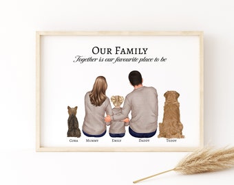 Custom Family Print with Children and Pets, Christmas Gift, Family Illustration Wall Art, Family Gifts, Mothers Day, Fathers Day, Birthday