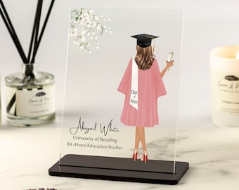 May include: A pink graduation cap and gown with a white stole and a diploma. The text "Class of 2022" is on the gown. The text "Abigail White, University of Reading, BA (Hons) Education Studies" is below the image.