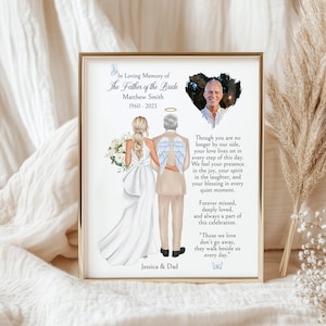 May include: A framed memorial print with a gold border. The print features an illustration of a bride and her father, with angel wings, and includes the text "In Loving Memory of The Father of the Bride" and a heartfelt poem.