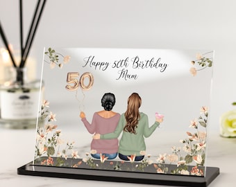 Personalised Mum Birthday Gift, 50th 60th 70th Birthday Gift, Customisable Mum and Daughters Illustration Print Floral Clear Acrylic Plaque