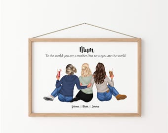 Mum Gifts, Mother and Daughters Personalised Print, Mom Birthday Gift, Christmas Present Family Portrait Print