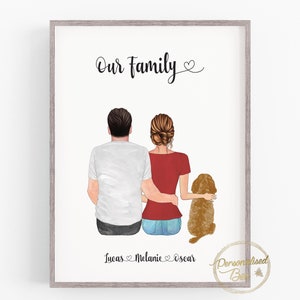 Personalised Family Dog Print, Couple Dog Print, Couple and Pet, Couple illustration, Custom Portrait, Anniversary Gift, Personalised Decor image 3