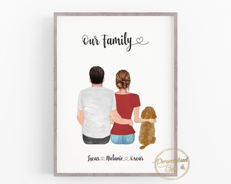 Personalised Family Dog Print, Couple Dog Print, Couple and Pet, Couple illustration, Custom Portrait, Anniversary Gift, Personalised Decor image 3