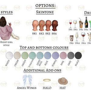 May include: A customizable illustration of two friends with different outfit styles, skin tones, and drink options. The illustration includes a color palette for tops and bottoms, as well as additional add-ons like angel wings, a halo, and a hat.