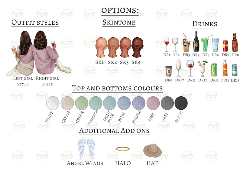 May include: A customizable illustration of two friends with different outfit styles, skin tones, and drink options. The illustration includes a color palette for tops and bottoms, as well as additional add-ons like angel wings, a halo, and a hat.