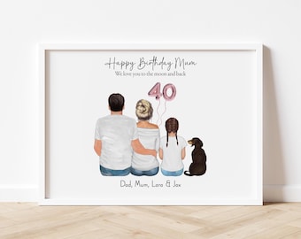 Birthday Gift for Mum, Family Portrait with Children, Dog, Cat, Pets, 40th, 30th, 50th Gift for Mother, Mummy Personalised Gift from kids