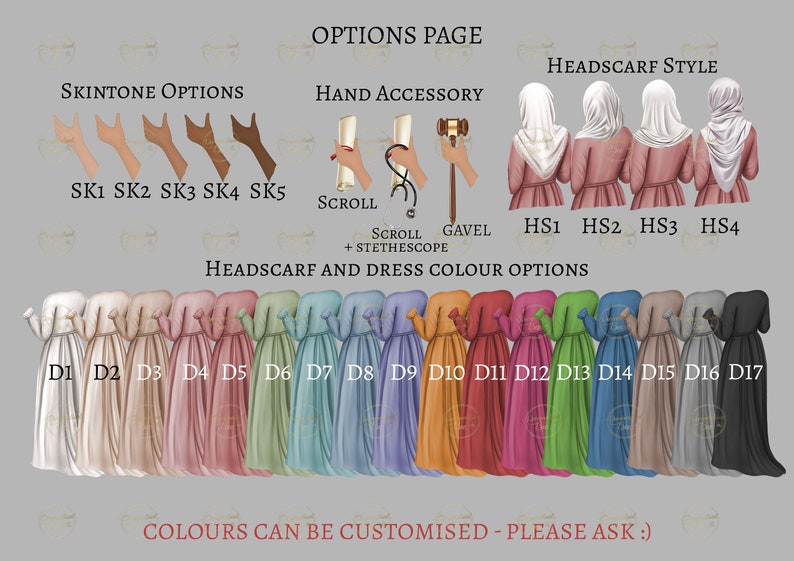May include: A chart with options for customizing a digital illustration. The chart includes skin tone options, hand accessory options, headscarf style options, and headscarf and dress color options. The text on the chart reads "Options Page", "Headscarf Style", "Skin tone Options", "Hand Accessory", "Scroll", "Gavel", "HS1", "HS2", "HS3", "HS4", "Headscarf and Dress Color Options", "D1", "D2", "D3", "D4", "D5", "D6", "D7", "D8", "D9", "D10", "D11", "D12", "D13", "D14", "D15", "D16", "D17", "Colors can be customized - Please ask!"