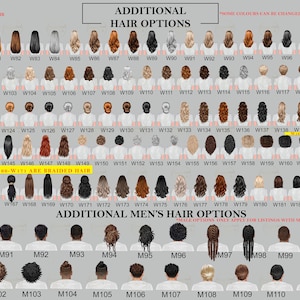 Puede incluir: Un gr&aacute;fico de diferentes estilos de cabello para ilustraciones digitales. El gr&aacute;fico incluye 120 estilos de cabello diferentes para mujeres y 12 estilos de cabello diferentes para hombres. Los estilos de cabello est&aacute;n numerados y etiquetados con c&oacute;digos.